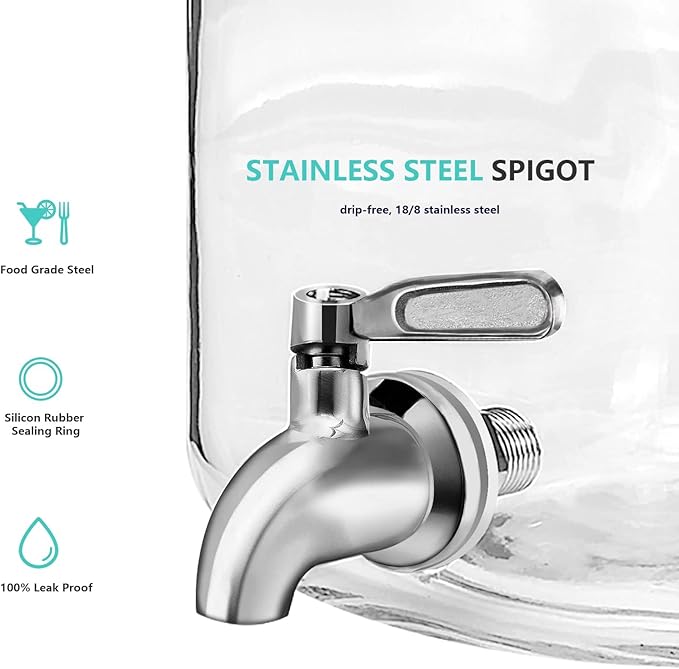Glass Drink Dispenser for Parties, 1 Gallon Glass Water Dispenser with Stainless Steel Spigot and handle,Glass Water Dispenser Countertop for Weddings, Lemonade & Laundry Detergent Dispenser (2Pack)