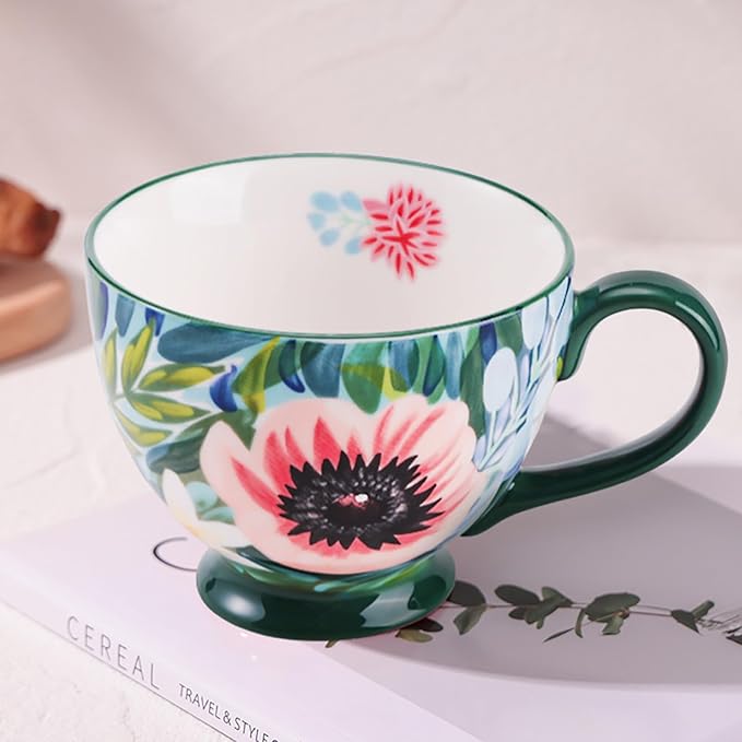 Autumn Handmade Large Ceramic Coffee Mug (20oz) Cute Cereal Vintage Flower Mugs Cozy Fall Gift Cup for Breakfast Oatmeal Tea & Hot Drinks with Floral Design