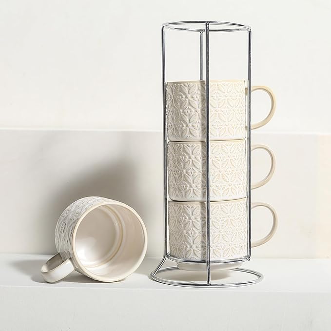 6 Oz Coffee Mugs with Stand - Stackable Ceramic Espresso Cups Set of 4, Embossed Coffee Cups, Porcelain Cappuccino for Latte, Cocoa, Mocha, Tea, Dishwasher Safe, 3 inch