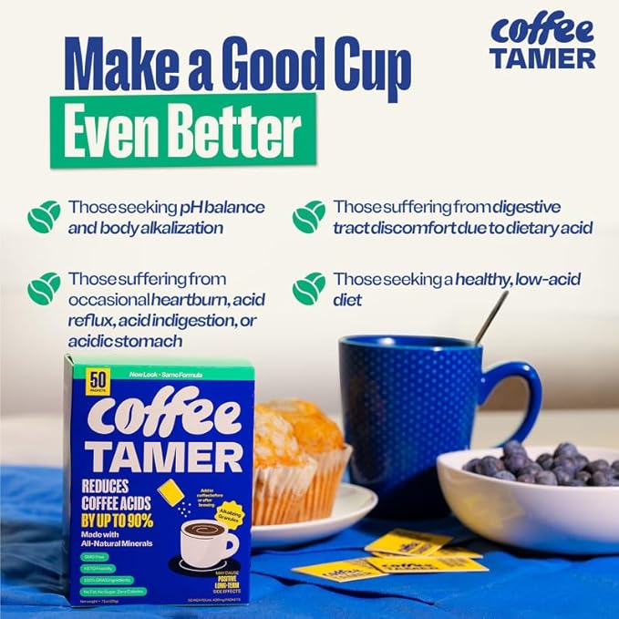 Coffee Tamer Acid Reducer – 50 Packets – Transforms Regular Coffee to Low Acid – All-Natural Minerals – Reduces Acidity by 90% – Keto Friendly, Sugar Free, Non-GMO
