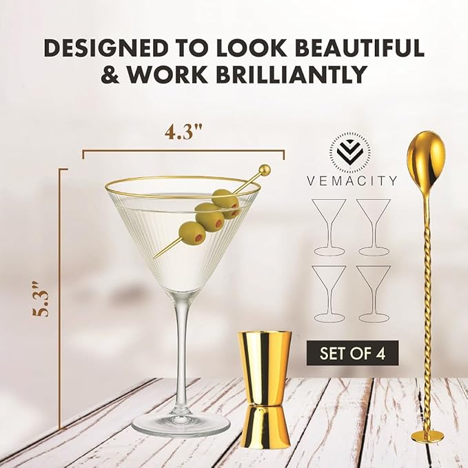 VEMACITY - Ribbed Espresso Martini Glasses Set of 4-8oz Gold Rim Cocktail Glasses with Bar Spoon and Jigger - For Margaritas, Cosmos & More | Ideal for Christmas & New Years