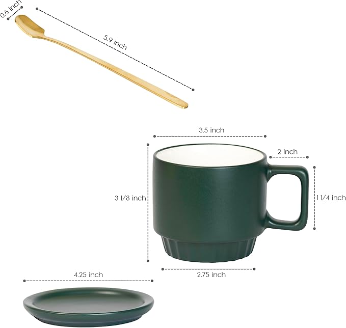 Coffee Mug Set of 4-11.5 Oz Porcelain Stackable Coffee Mugs with Saucers, Spoons & Metal Stand - Ceramic Tea Cups with Rack - Dishwasher & Microwave Safe