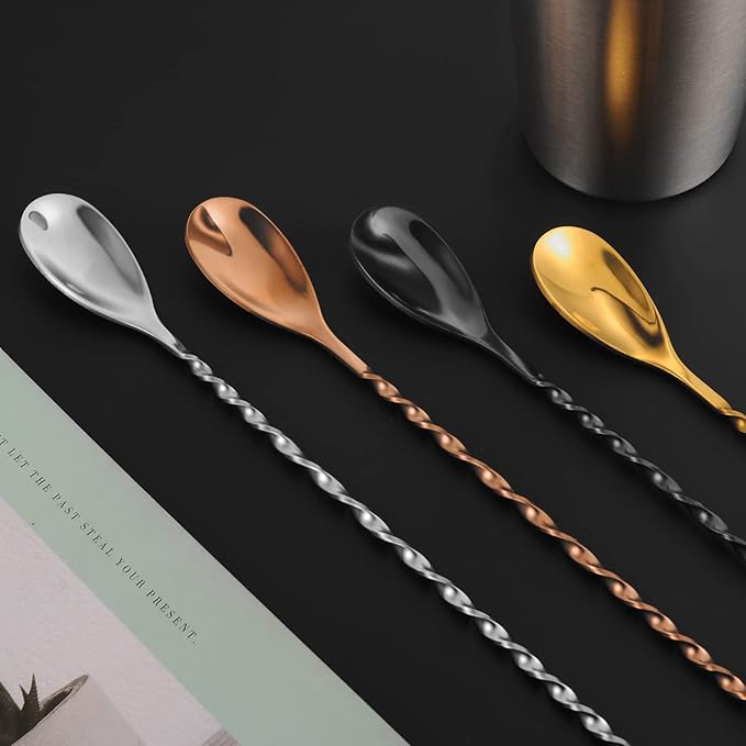 AnSaw Gold 12-Inch Stainless Steel Cocktail Spoon with Leaf Handle - Perfect for Mixing & Layering Drinks in Tall Cups, Bar & Shakers - Durable Long Handle Bar Stirrer,1-Pieces