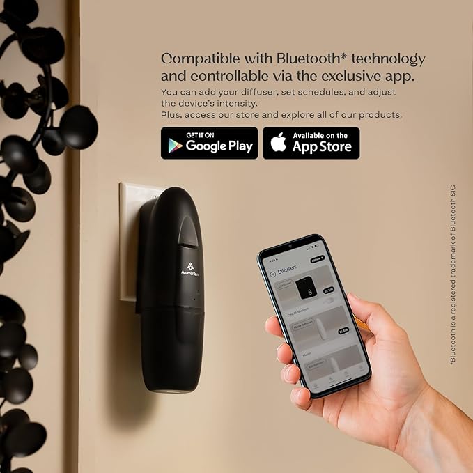 AromaPlan 5 Star Collection Plug in Diffuser (2 Fragrances Included)-Cold Air & Waterless Diffusers for Home & Office- Silent Wall Diffuser Plug in, Bluetooth App Control, 1000 sq. ft (Black)