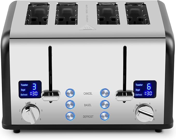 CUSIMAX 4 Slice Toaster with Smart LED Display, Stainless Steel Toaster with Exart Wide Slots, 6 Shade Settings, Bagel, Defrost and Cancel Fuction, 1650 Watts, Removable Crumb Trays, Black