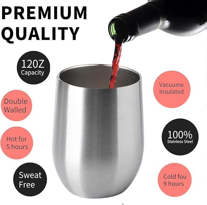 12oz/6 Pack Wine Tumbler Glasses with Lid Stemless Double Wall Vacuum Stainless Steel Travel Tumbler Keeping Cold & Hot for Wine,Coffee,Cocktails,Christmas Drinks-Family and Gifts (Silver & Rose Gold)