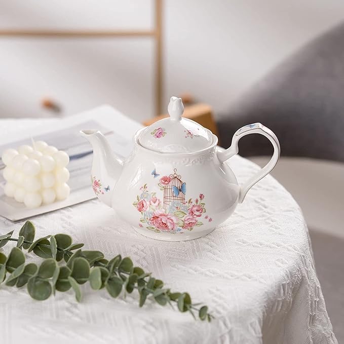 YBK Tech Strengthen Porcelain Coffee Pot Ceramic Teapot- Pink Rose (Teapot+ 2 sets of cup and saucer)