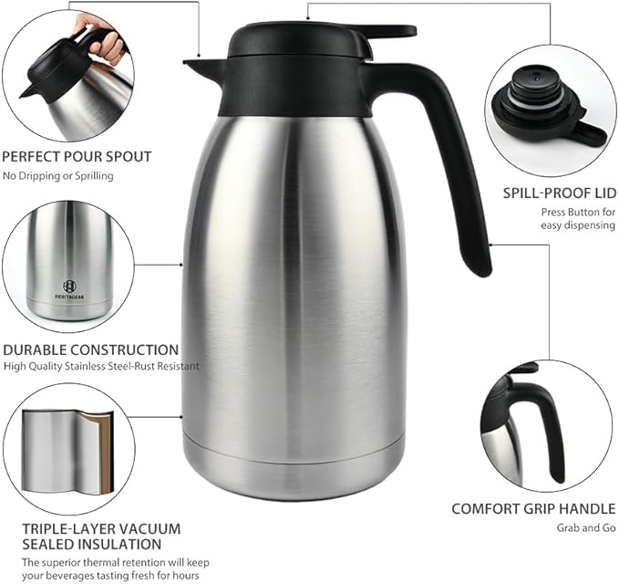 Heritage66 Thermal Coffee Carafe with Cleaning Brush – 68 oz (2 L) Vacuum Insulated Stainless Steel Beverage Dispenser, Keeps Drinks Hot 12 H/Cold 24 H, Ideal for Home, Office & Parties