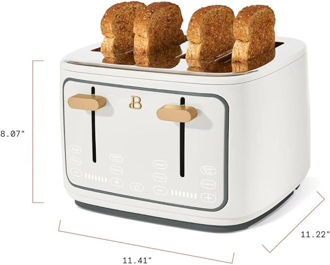 Beautiful 4 Slices Toaster - 7 Shade Settings, Touch Display, Extra-Wide Slots for Bagels, Gluten-Free & Frozen Presets, LED Countdown, Removable Crumb Tray, 1800-watt toasting (White Icing)