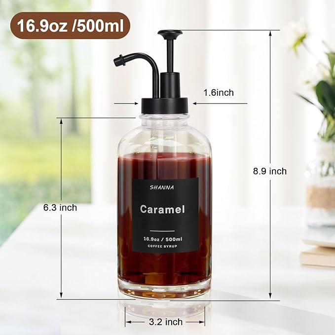 Coffee Syrup Dispenser for Coffee Bar, 16.9oz 500ml Glass Syrup Dispenser w Black Coffee Scoop, Coffee Syrup Pump Dispenser w 36 Labels and Bamboo Tray, Coffee Syrup Bottles with Black Pump, 3PCS