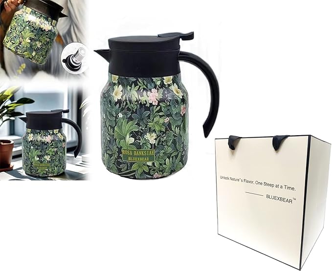 Vintage Floral Pattern Teapot, Doresty Tea Pot, Vintage Floral Pattern Tea-Built-In Infuser, Stainless Steel Thermal Carafe with Lid for Hot Drinks(Green, Plastic handle)