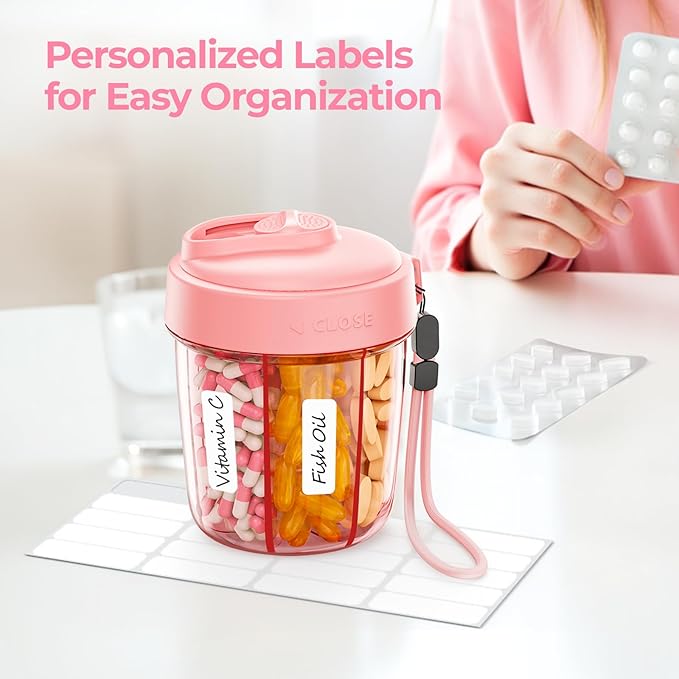 AUVON Large Pill Dispenser Can Store 7 Various Supplements, Travel Pill Organizer Bottle with Anti-Mix Design, Arthritis-friendly Pill Holder with Wide Opening & Slider Lid, Includes 20 Blank Stickers