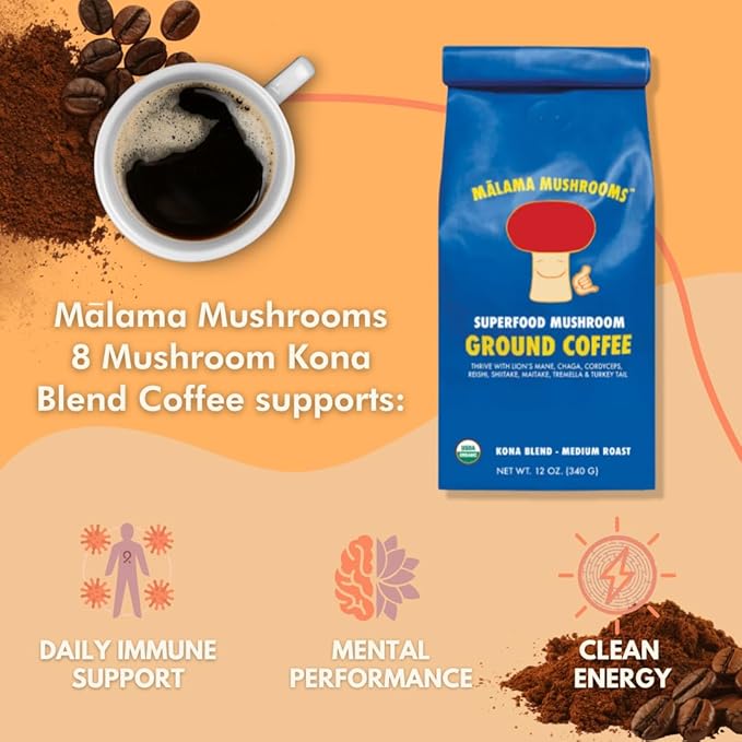 Organic Ground Mushroom Coffee by Malama | 8-Mushroom Superfood Blend with Lion’s Mane, Reishi, Cordyceps for Focus & Immune Support | Low Acid, Smooth Bold Flavor, Adaptogenic Energy | 12oz Bag