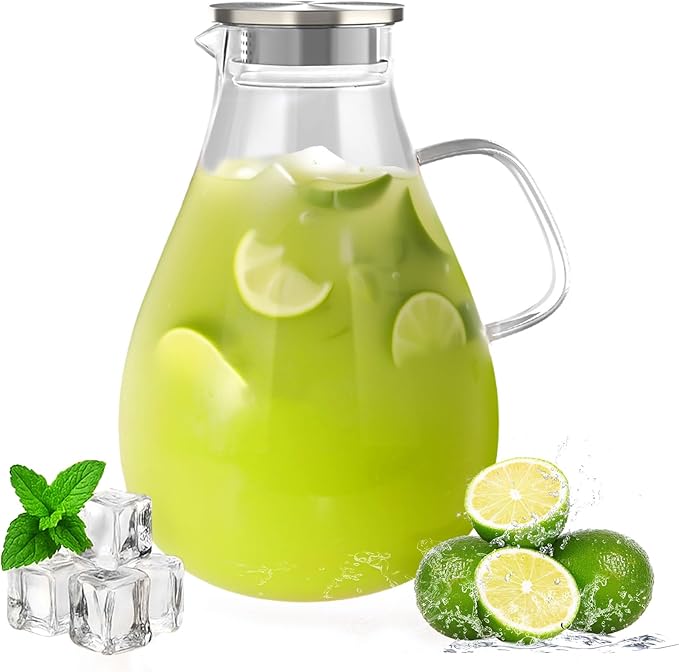 Glass Pitcher With Lid, 128 oz Glass Water Pitcher For Fridge, 1 Gallon glass Pitchers With Handle And Lid, Hot and Cold Beverages Tea pitcher, Jug, Carafe, Juice Coffee Milk pitchers