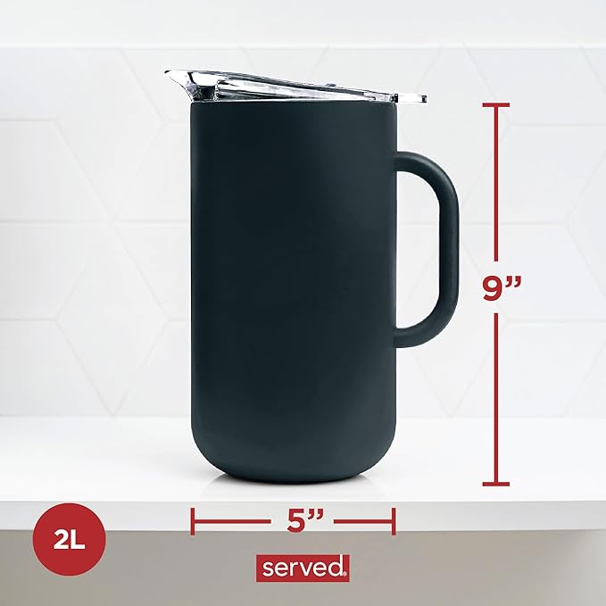 Served Premium Insulated Pitcher (2L/66oz) - Double Walled, Copper Lined Stainless Steel Pitcher with Lid - Vacuum Insulated Carafe for Hot Coffee, Tea, Iced Drinks, Water, Cocktails, and More