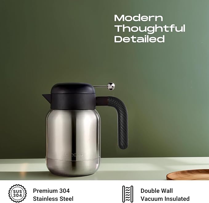Aura Thermal Coffee Carafe Tea Pot for Keeping Hot & Iced Cold - Vacuum Insulated - Thermos Water Pitcher - Beverage Dispenser - Leakproof Cool touch handle - BPA Free - 1 Liter - Stainess