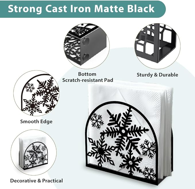 Christmas Snowflake Decorative Black Metal Napkin Holder for Table, 5.3" x 4.4" x 1.9" Winter Snowflake Standing Napkin Holder for Home Kitchen Restaurant Picnic Party Coffee Bar Dining Room