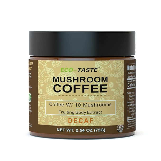 Decaf Mushroom Coffee - 36 Servings, Instant Coffee Mix Includes 10 Mushrooms Extract Powder, 72 Grams