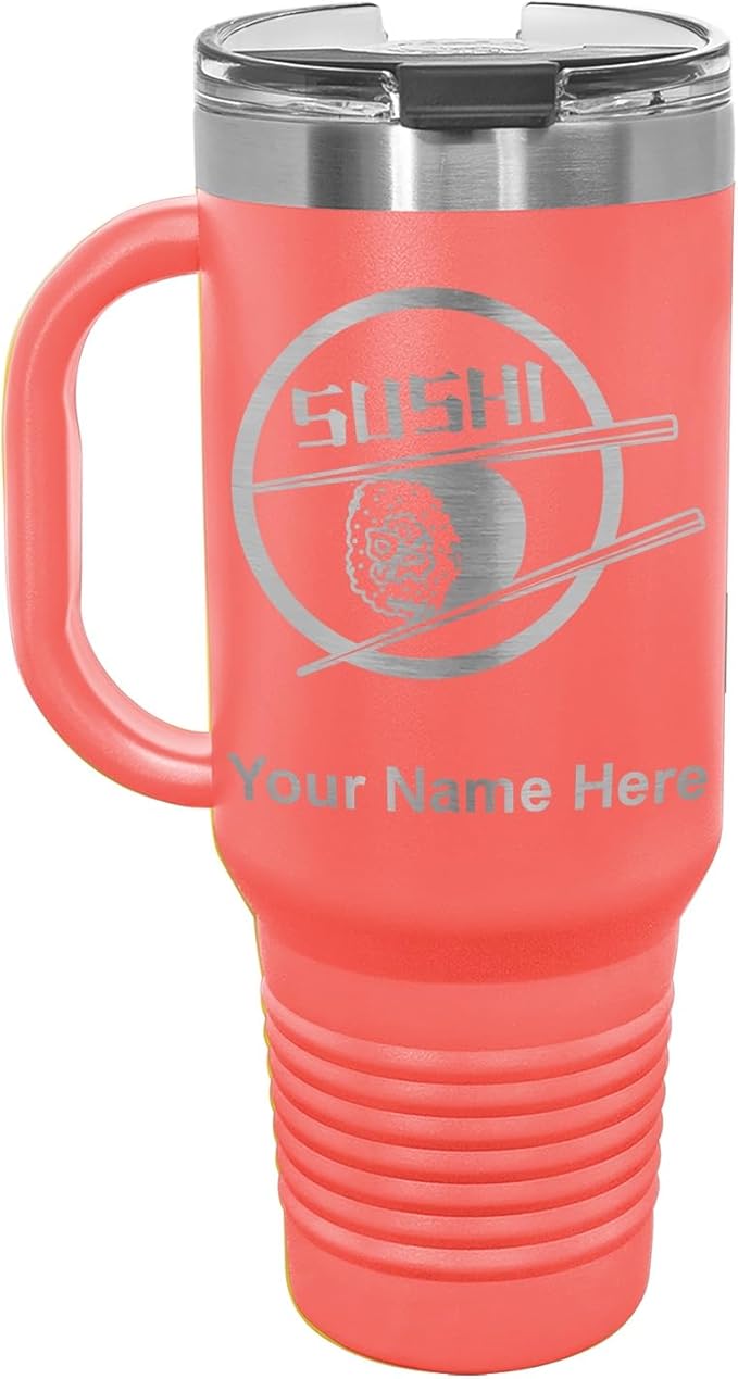 LaserGram 40oz Vacuum Insulated Travel Mug with Handle, Sushi, Personalized Engraving Included (Coral)
