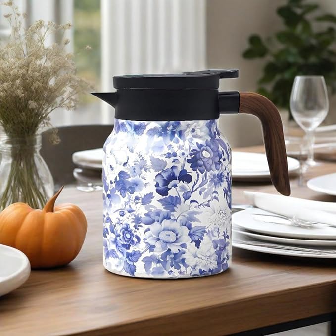 Vintage Pattern Coffee Carafes, 35 Oz/1 Liter - Hot and Cold With Infuser, Perfect for Parties/Home Use(Blue and white porcelain)
