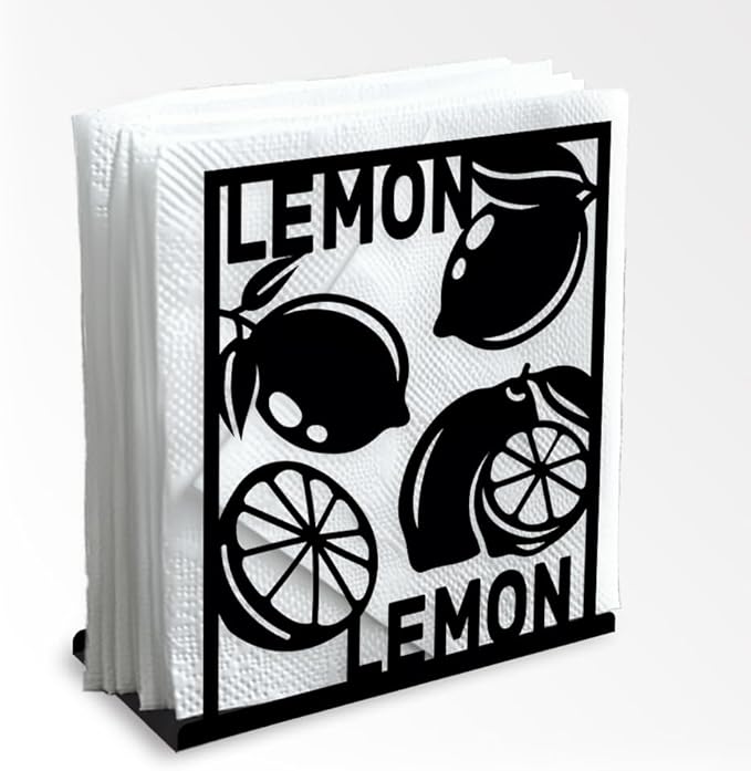 Lemon Decorative Black Metal Napkin Holder for Table, 5.3" x 4.9" x 1.9" Lemon Fruit Standing Napkin Holder for Home Kitchen Restaurant Picnic Party Coffee Bar Dining Room