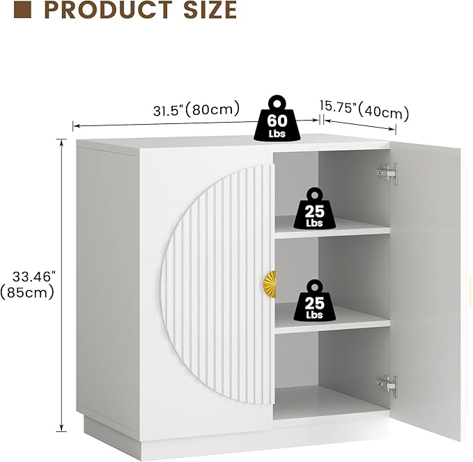 LVSOMT Sideboard Buffet Cabinet with Storage, Modern Accent Credenza with Doors and Adjustable Shelve, 33" Wood Coffee Bar Cabinet for Kitchen, Entryway, Dining Room, High Gloss White