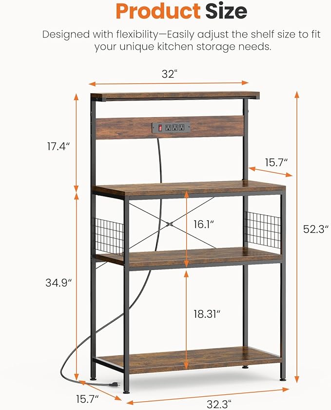 Sweetcrispy Kitchen Bakers Rack with Power Outlet, Coffee Bar Table 4 Tiers, Microwave Oven Stand Station, Adjustable Storage Shelf Freestanding Appliance Organizer - 32 Inch, Rustic Brown