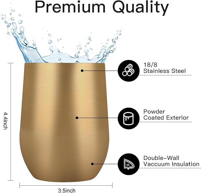 Lifecapido 6 Pack Stainless Steel Wine Tumblers, 12Oz Insulated Wine Tumbler, Double Wall Insulated Wine Glass, Stainless Steel Stemless Wine Cups with Lids for Coffee, Wine, Water, Champaign, Gold