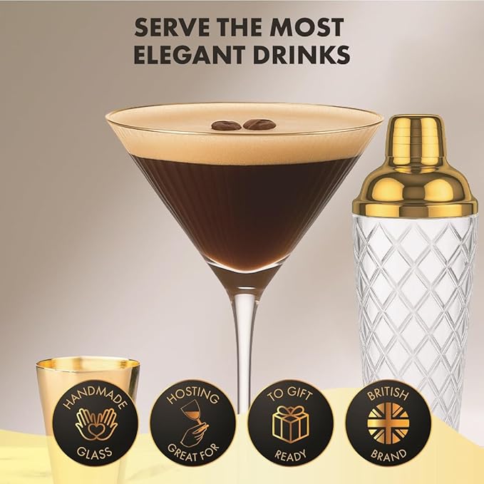 VEMACITY - Luxury Cocktail Shaker Set - Gold Glass Cocktail Shaker with Built-In Strainer + 2 Ribbed Espresso Martini Glasses with Gold Rims, Bar Spoon & Jigger | Ideal for Christmas & New Years