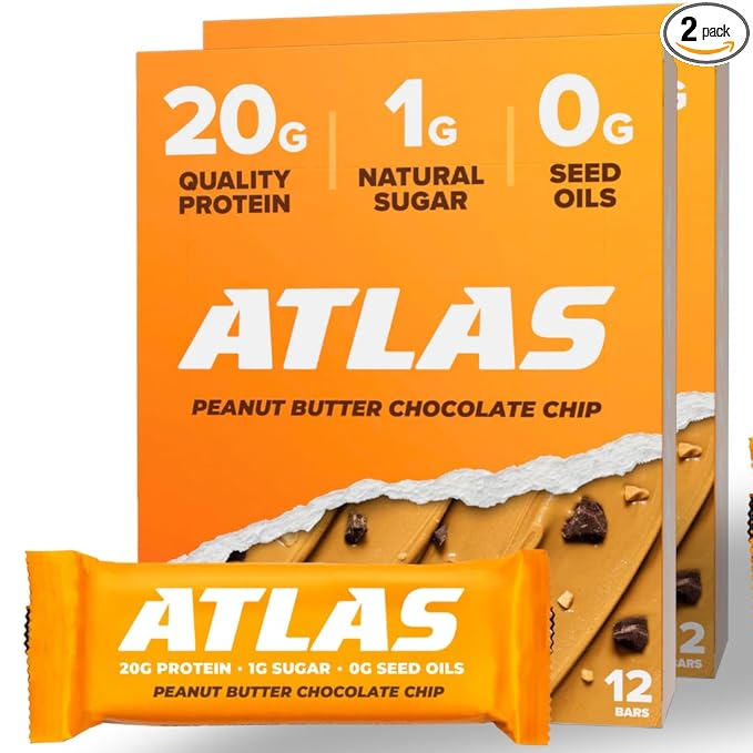Atlas Bar – 20g Protein, 1g Sugar, 0g Seed Oils, 0g Artificial Sweeteners (Peanut Butter Chocolate Chip, 24 Count)