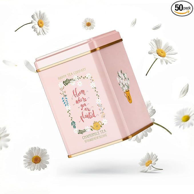 Life Plus Style Gourmet Happy Tea Company Chamomile Herbal Tea Premium Organic Pure Chamomile Naturally Caffeine Free 50 Tea Bags Classic Gift Tin for Women No Artificial Flavors