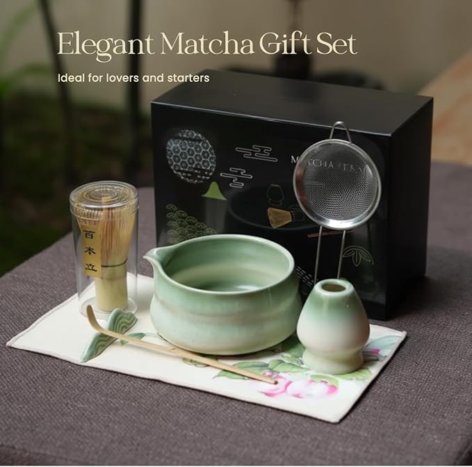 7pcs Moss Green Matcha Whisk Set with Cute 'Chubby Belly' Design - complete matcha kit set includes bamboo whisk, bowl, stand, scoop, sifter, towel -ideal gift for women and Japanese tea ceremony