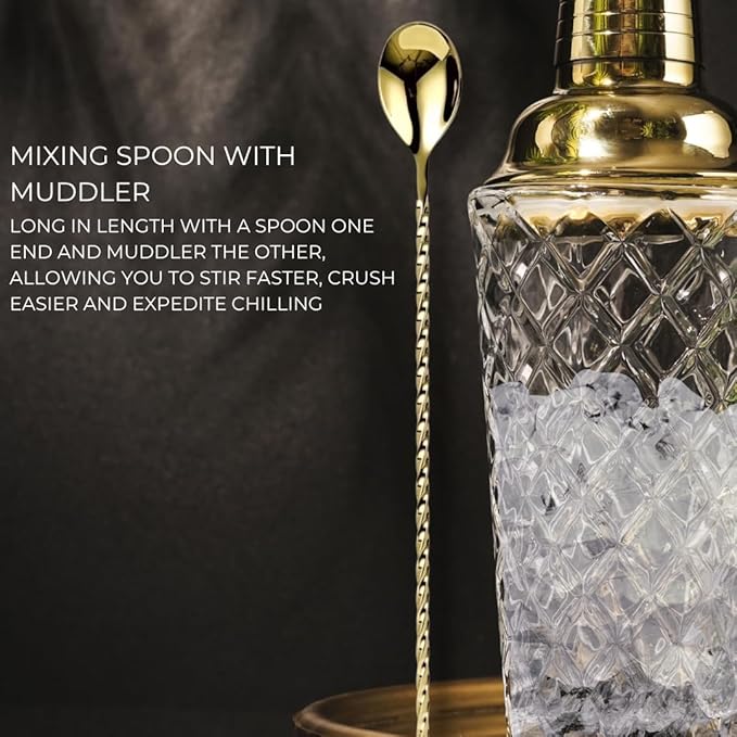 Glass Cocktail Shaker Set - 5 Piece - Gold Martini Shaker Set with Strainer, Jigger, Spoon & Muddler - 16 oz Drink Shakers Cocktail - Ideal Gift for Home Bar & Drink Trolley Décor