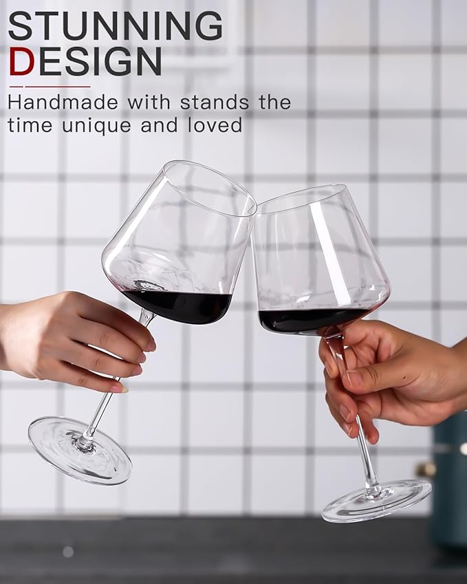 White Red Wine Glasses Set of 6 – 18oz Clear【Hand Blown】 Crystal Wine Glass – Tall Long Stem Modern Wine Glasses – Square Wine Glass with flat bottom – Unique gifts for Wedding,Brithday,Christmas
