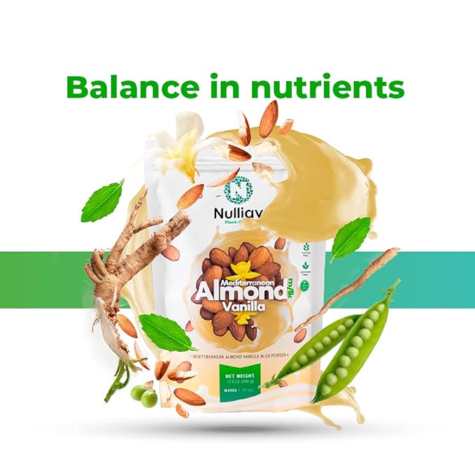 NULLIAV | Almond Milk Powder Vanilla - High Protein Blend with Prebiotic Fiber powder For Gut Health and Digestion - Vegan Plant Based Dairy Free Formula For Lactose Intolerance - 7.75oz Bag Portable Convenient