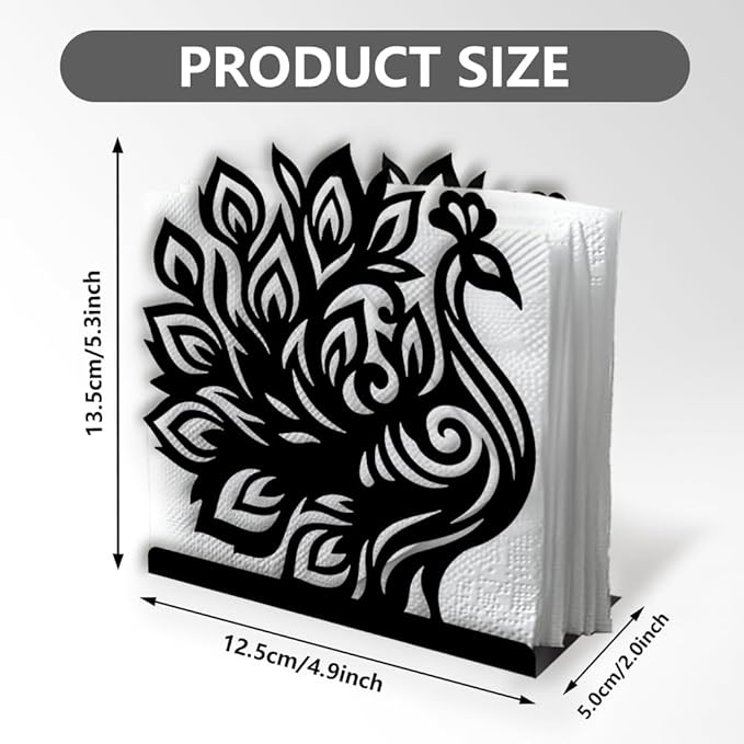 Peacock Decorative Black Metal Napkin Holder for Table, 4.9" x 5.3" x 1.9" Peacock Animal Standing Napkin Holder for Home Kitchen Restaurant Picnic Party Coffee Bar Dining Room