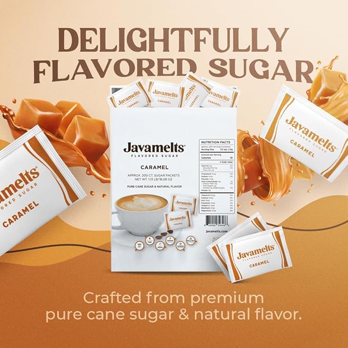 Javamelts Caramel Flavored Sugar Packets | Pure Cane Sugar for Baking, Coffee Syrup Substitute, Cocktails, Tea | Non GMO, Non Dairy, Gluten Free, Kosher | 1,000 Bulk Sugar Packets