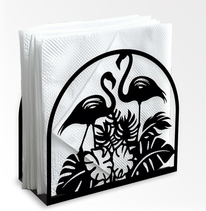 Flamingos Animal Decorative Black Metal Napkin Holder for Table, 5.3" x 4.9" x 1.9" Tropical Leaves Standing Napkin Holder for Home Kitchen Restaurant Picnic Party Coffee Bar Dining Room