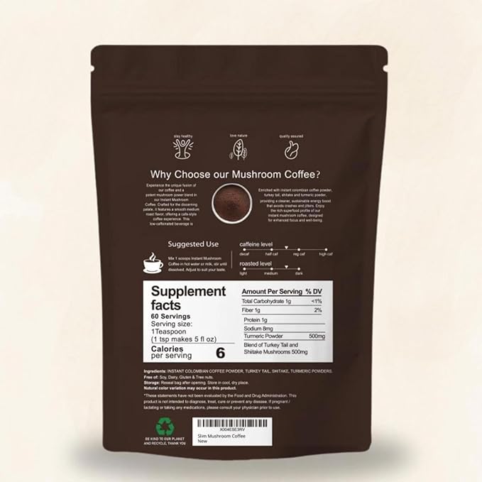 Slim Coffee with Turmeric & Mushroom Blend - Instant Mushroom Coffee with Turkey Tail & Shitake, Light Roast, Smooth Texture, Boosts Metabolism & Energy