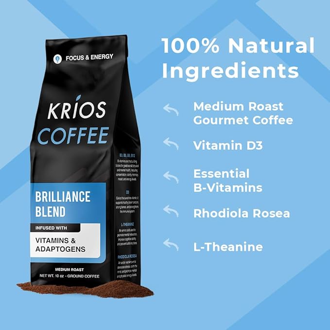 Krios Coffee Brilliance Ground Coffee, Enhance Energy & Focus with Essential Vitamins, L-Theanine & Rhodiola Rosea, Medium Roast, Smooth, 10 oz bag