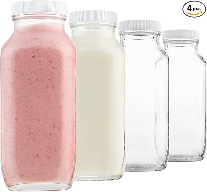 kitchentoolz 16oz Square Glass Milk Bottles with Airtight Plastic Lids – Pack of 4 | Reusable Milk Containers for Fridge & Lunchbox Storage – Ideal for Dairy, Smoothies, Juice, Water & More