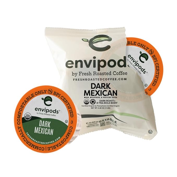 Fresh Roasted Coffee, Organic Dark Mexican envipods, Dark Roast, Kosher, 36 Count, Individually Wrapped, Compatible With 1.0 & 2.0 K Cup Brewers