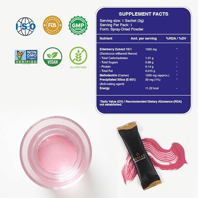 Elderberry Juice Powder| Supports Healthy Immune System, 100% Natural & Vegan | Pure Sambucus Nigra Extract | Non-GMO, Gluten-Free | No Sugar Added | Convenient Travel 30 sachets