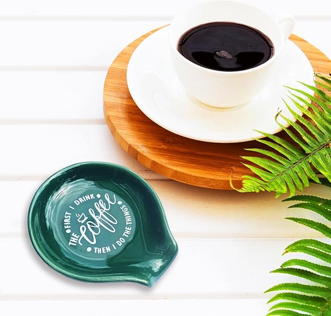 Funny Coffee Quote First I Drink The Coffee Then I Do The Things Ceramic Spoon Holder-Blackish Green Coffee Spoon Rest -Cafe Station Bar Accessories
