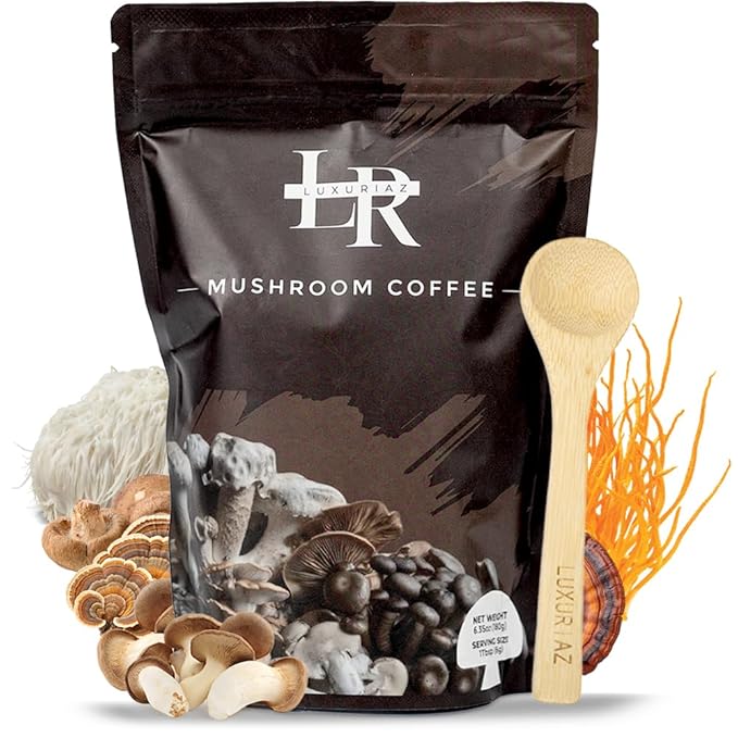 Luxuriaz Organic Mushroom Coffee Instant Powder, Lion's Mane for Focus & Brain Health, 6 Adaptogens (Cordyceps, Reishi, Turkey Tail), Coffee Alternative, Keto, Vegan, 30 Servings