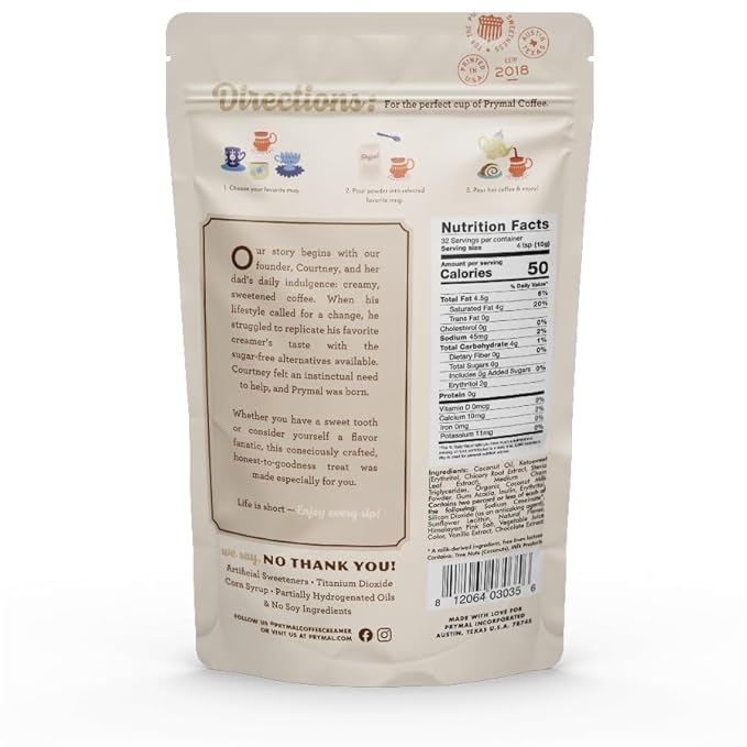 PRYMAL Coffee Creamer - Keto, Non Dairy, Sugar Free (French Vanilla) Natural, Non Refrigerated Powder with MCT - 11.3oz Bag
