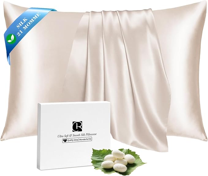 Ravmix Silk Pillow Cases with Zipper, 21 Momme Mulberry Silk Pillowcase for Hair Skin Health, Soft Smooth Breathable Cool Pillow Cover for Beauty Sleep with Gift Box(Standard 20"x26", Beige) 1PC