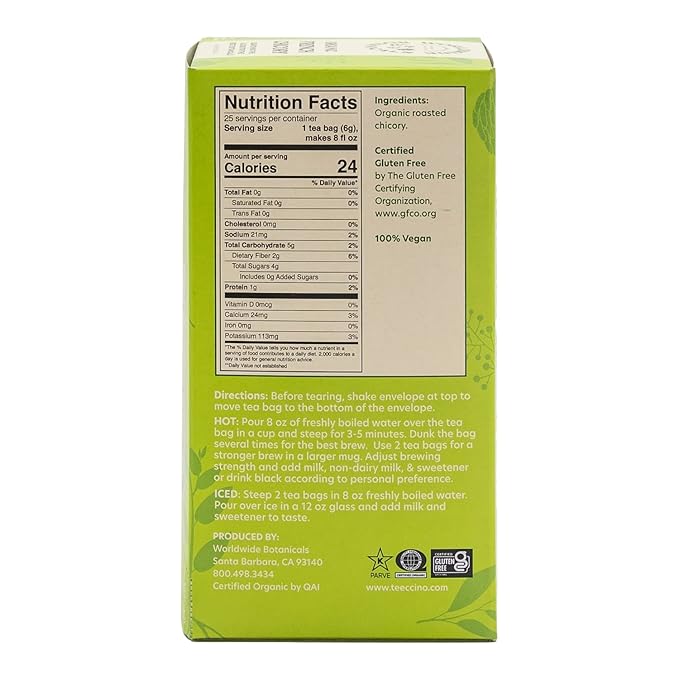 Worldwide Botanicals Organic French Chicory Root Tea, 25 Tea Bags - 3x herbs with 6g per teabag - Prebiotic, Roasted - Acid Free, Caffeine Free, Kosher