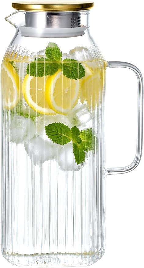 GLASKEY 2.1 Liter 71oz Square Glass Pitcher with Lid, Classic Stripes Water Pitchers with Handle for Fridge, Leak Proof Juice Jug, Borosilicate Glass Carafe for Hot/Cold Brew Drink
