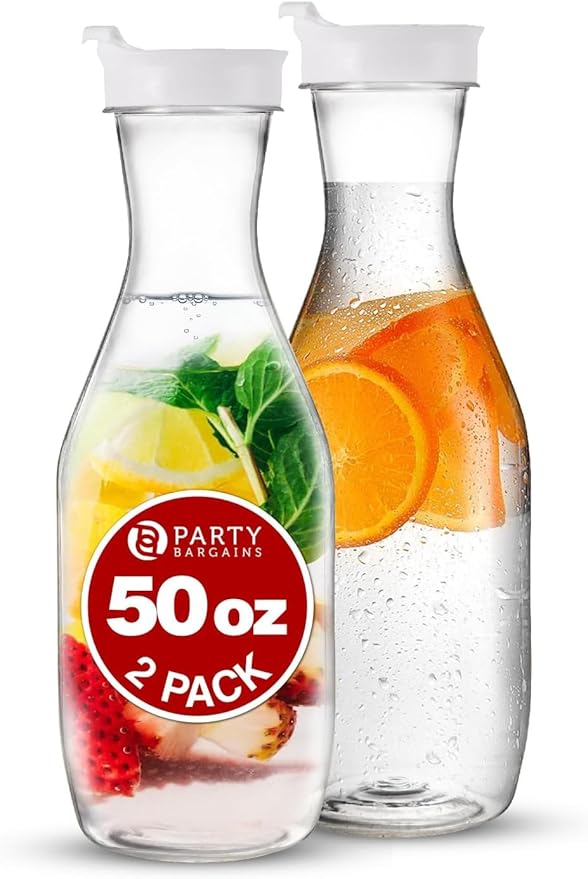 Party Bargains 50 oz. Plastic Carafe with Lids - Clear, 2 Count, White Flip Tab Lid Premium Quality & Heavy Duty Plastic Pitcher for Iced Tea, Powdered Juice, Cold Beverages, Mimosa Bar